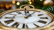   A tight shot of a gold-and-white clock against a Christmas tree backdrop, adorned with lights in the background