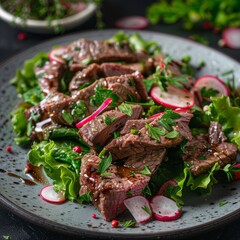 Poster - Beef Meat Salad with Radish, Greens and Sauce on Grey Plate Close Up, Simply and Healthy Recipe