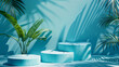 presentation banner with podium on blue background with palm leaves