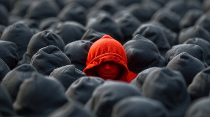 Wall Mural - A person in a red hoodie surrounded by many other people, AI