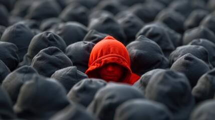 Canvas Print - A person in a red hoodie surrounded by many other people, AI