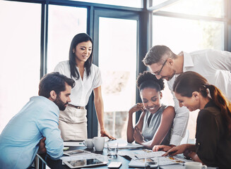 Poster - Team, business and people for meeting in office with manager for feedback or review of company growth. Group, woman and staff for discussion in workshop with support of leader for ideas on project