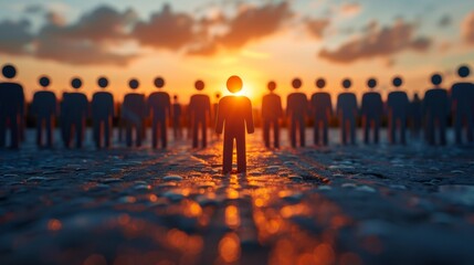 Canvas Print - A group of people standing in a field with the sun setting behind them, AI