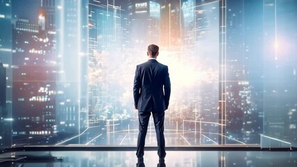 Poster - Back view of businessman looking at night city and digital hologram. Technology concept, Businessman standing in front of a digital big screen hologram displaying business data