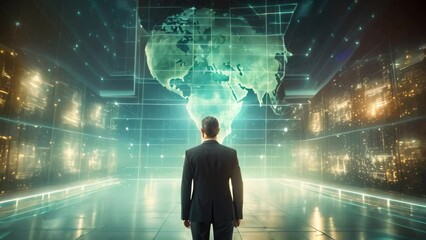 Fototapete - Rear view of businessman looking at digital world map on abstract background. Global business concept, Businessman standing in front of a large hologram screen displaying a global