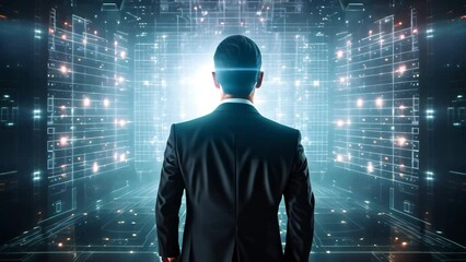 Poster - Back view of businessman looking at virtual panel with binary code on dark background, Businessman using advanced AI technology against a black background, captured from the rear view