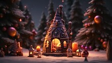 Christmas Still Life With A Lantern And Candles In The Snow Against The Background Of A Christmas Tree, Christmas And New Year Holidays Concept