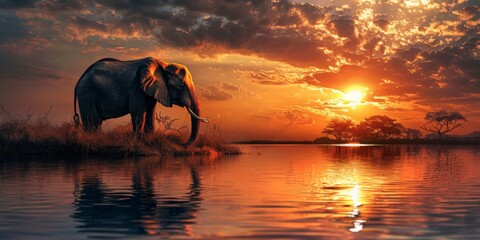 Wall Mural - Elephant in the savannah at sunset. Silhouettes of wild animals at sunset. Generative AI