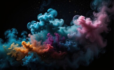 Wall Mural - A Colorful smoke fog clouds with shiny dust sparkles of glitter on a black background