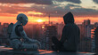 A young man in a hoodie sits beside a robot on the rooftop of a building, looking at the sunset over the cityscape. The concept of the relationship between a robot and a human