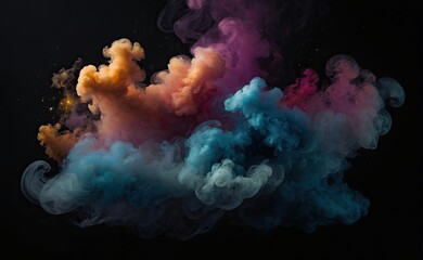 Wall Mural - A Colorful smoke fog clouds with shiny dust sparkles of glitter on a black background