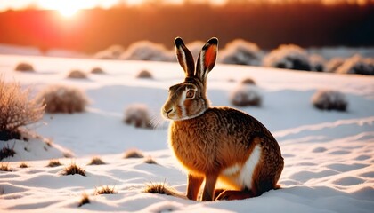 Wall Mural - Hare in nature in winter at sunset