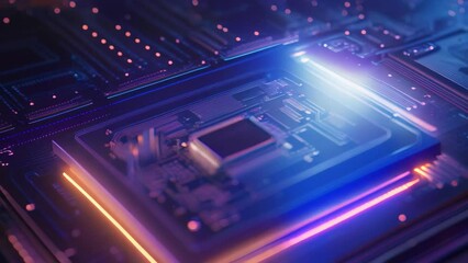 Fototapete - Circuit board close-up. Technology background. 3d rendering, Futuristic circuit board and microchip with a glowing data transfer board