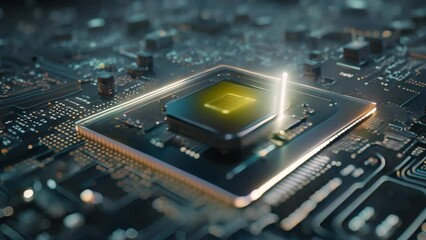 Fototapete - Circuit board with microchips close up. 3d rendering, Futuristic circuit board and microchip with a glowing data transfer board