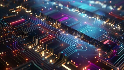 Poster - Close up of electronic circuit board. Technology concept. 3D Rendering, Futuristic circuit board technology wallpaper with digital waves and glowing patterns