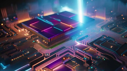 Fototapete - Electronic circuit board with microchips close up. 3d rendering, Futuristic circuit board technology wallpaper with digital waves and glowing patterns
