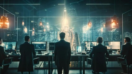 Poster - Silhouettes of businessmen working together in modern office with glowing network interface. Toned Video double exposure, Futuristic cyber security workspace with a team