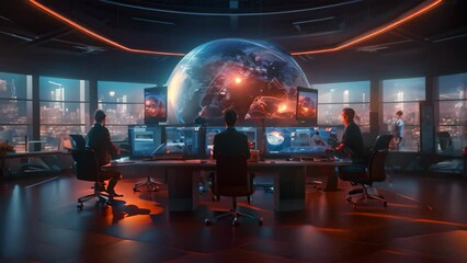 Poster - Silhouette of businessman in modern office interior with planet Earth. 3D rendering, Futuristic cyber security workspace with a team of modern businessmen collaborating