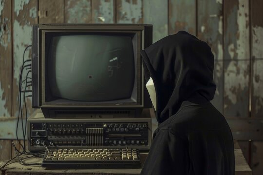 Anonymous Hacker Next to Vintage Computer