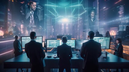 Fototapete - Back view of three businesspeople working on computers against night cityscape, Futuristic cybersecurity workspace with a team of security professionals collaborating