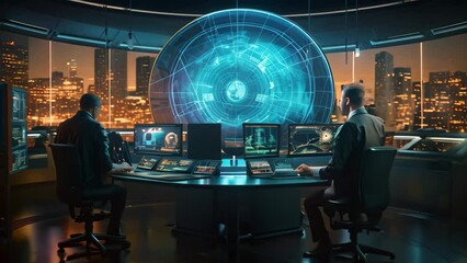 Fototapete - Silhouette of businessman working on his laptop in modern office at night, Futuristic cybersecurity workspace with a team of security professionals collaborating