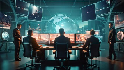 Fototapete - silhouettes of businessmen working in modern office with computers and screens. mixed media, futuris