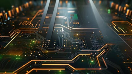 Fototapete - Circuit board background. Technology and science concept. 3D Rendering, Futuristic technology wallpaper with digital waves and circuit board patterns against a black background