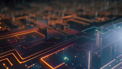 Fototapete - Circuit board background. Technology concept. 3d rendering toned Video, Futuristic technology wallpaper with digital waves and circuit board patterns against a black background
