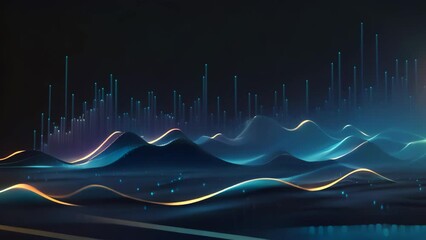 Wall Mural - Futuristic technology wave background with glowing lines. 3d rendering, Glowing blue lines and an abstract data system on a black background representing a complex data flow