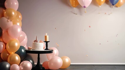 Poster - Birthday cake with candles and balloons in room, space for text, Mock-up poster in an interior background with red balloons