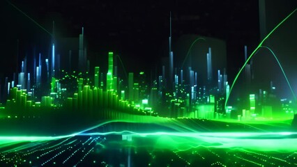 Poster - Futuristic technology wave background. Hi-tech circuit board illustration, Modern technology wallpaper featuring blue and green binary sound waves on a black background