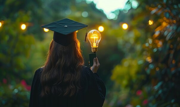 College student girl showing a light bulb for education, E-learning graduate certificate and business concept, woman with graduation regalia hat for creative thinking idea and human, Generative AI