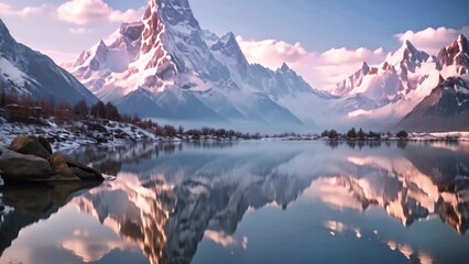 Canvas Print - Fantastic mountain landscape with lake and snowcapped peaks at sunrise, A mountain lake with a perfect reflection at sunrise, A beautiful landscape with a purple sky, snowy mountains