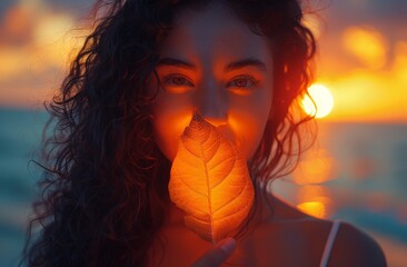 A woman with curly hair is seen from behind, facing the ocean sunset, suggesting a moment of introspection or calmness