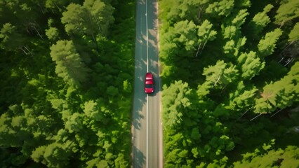 Wall Mural - Aerial view of a red car driving on the road in the forest, Aerial view of a red car with a roof rack on a green summer forest country road in Finland