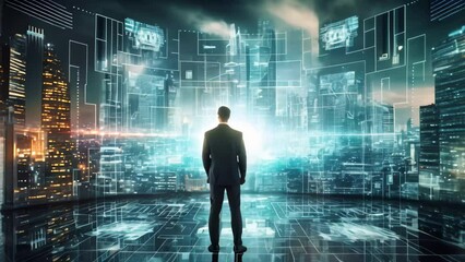 Poster - Businessman on abstract city background with binary code. Technology concept. 3D Rendering, Business with technology, Concepts of surveillance and security scanning for digital program