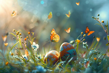 Wall Mural - A cluster of delicate butterflies fluttering around a hidden Easter egg, adding enchantment to the scene.