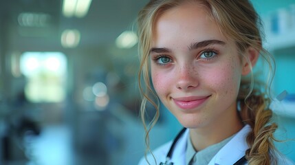 a young woman in a lab coat with a stethoscope around her neck is smiling at the camera