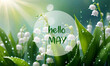 Hello May greeting card with lily of the valley flowers on a blurred green background.Springtime concept.Selective focus.