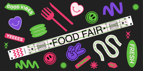 collection of various patches, labels, tags, stickers, wristband for a food fair market cafe. thank you, pizza, croissant, cocktail. Funky hipster stickers in 90s style. Vector set, trendy