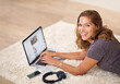 Portrait, research or happy woman on laptop in home to relax on internet for film, video or movie online. Smile, website blog and girl on social media app and technology for subscription in house