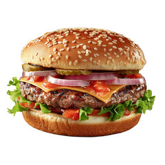 Wall Mural - Perfectly Grilled and Tempting Hamburger with Fresh Vegetables and Savory Toppings