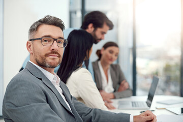 Poster - Businessman, portrait and meeting with staff, management or ceo with business people workplace. Executive, man and pride for success, manager or entrepreneur work in New York city office with smile