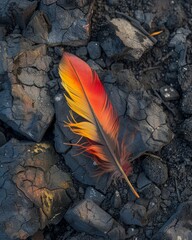 Poster - Vibrant feather on rocky surface