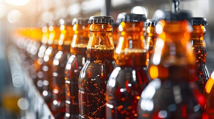 Wall Mural - Line of bottling of cola soda bottles on clean light factory with closeup view on the sugary drink bottle