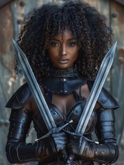 Fierce female warrior with curly hair and swords