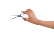Barber, scissors and hand of person in studio for hair care and beauty on white background. Hairdresser, tools and blade for cutting hairstyle, trim or grooming in salon with beautician or stylist