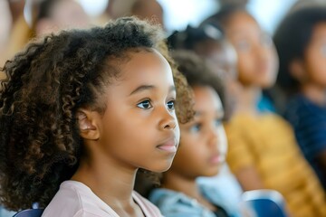 AfroAmerican children listening attentively to civil rights lecture at Black History event. Concept Black History, Civil Rights Movement, Education, African American Culture, Event Representation