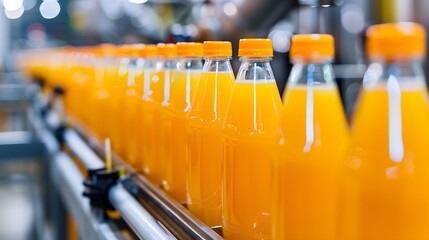 Wall Mural - Line of bottling of orange fruit juice bottles on clean light factory with closeup view on the sweet drink bottle
