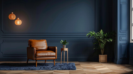 Wall Mural - A dark blue room with an armchair, a window letting in natural light and lush indoor plants adding life to the space